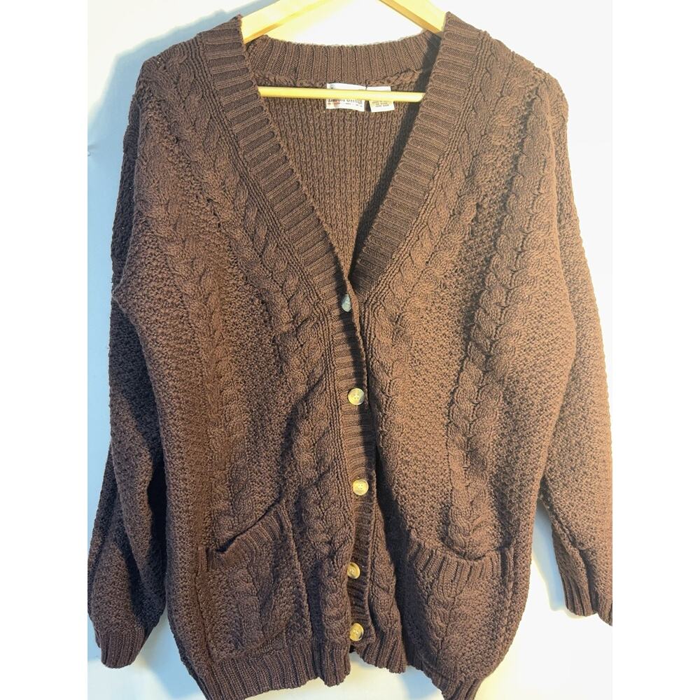 Vintage 90s Allison Smith Brown Cable Knit Cardigan Sweater lagenlook Womens XL